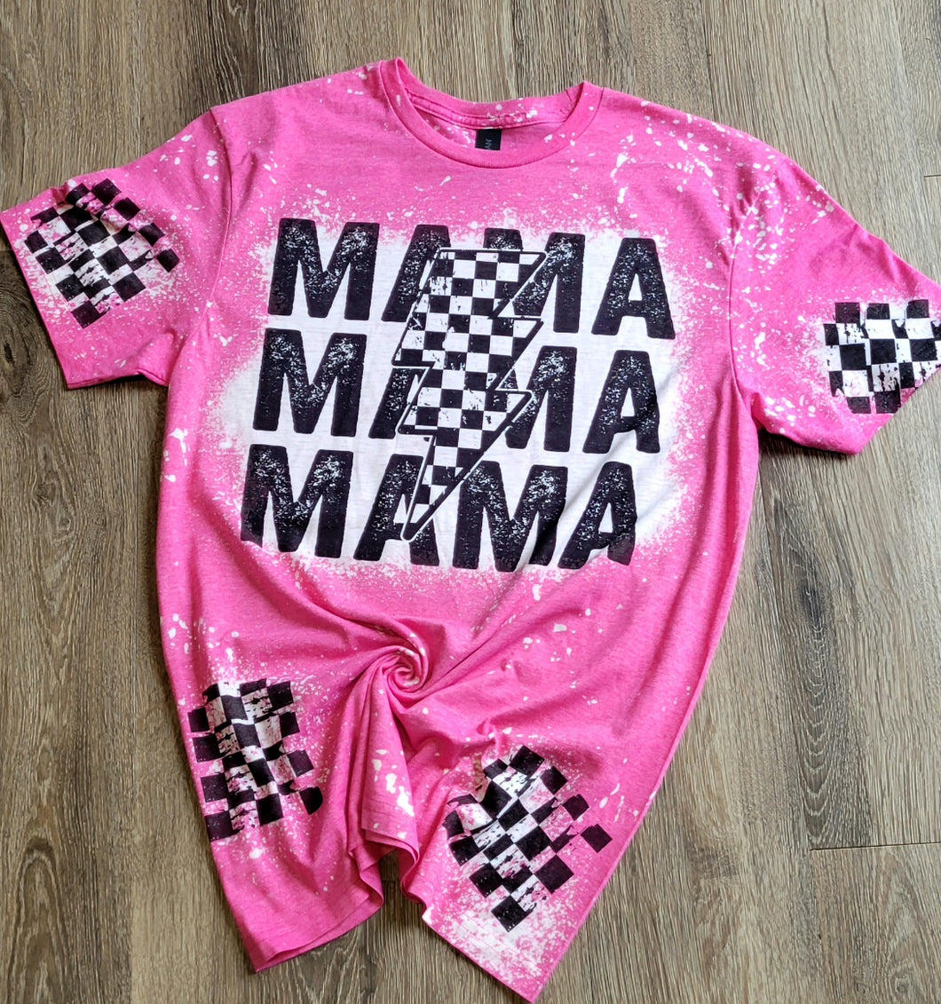 Graphic Sublimated Bleached Tshirt-Mama Checked Hot Pink Patches