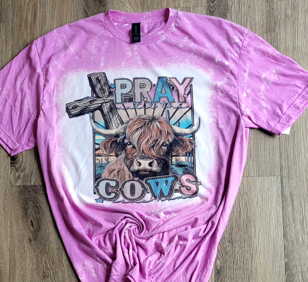 Graphic Sublimated  Bleached Tshirt- Pray til cows come home