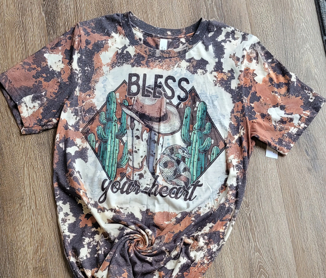 Graphic Sublimated Cowhide Bleached Tshirt-Bless Your Heart