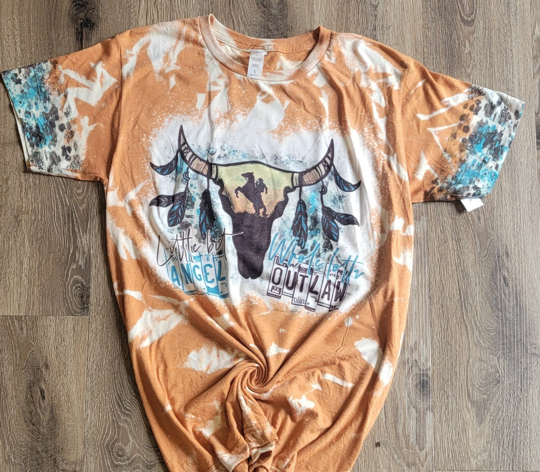 Graphic Sublimated Bleached Tshirt-Little bit Angel alot outlaw w/sleeves