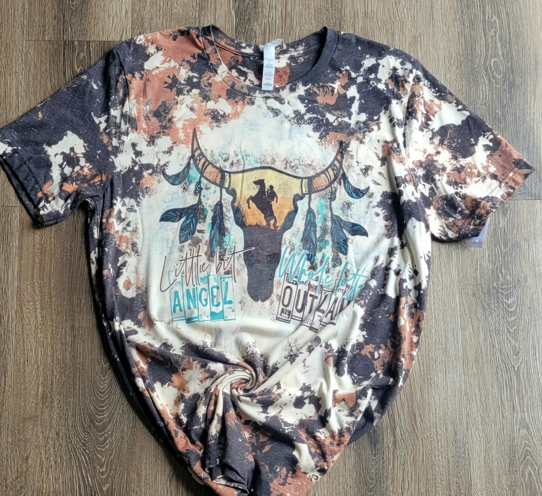 Graphic Sublimated Cowhide Bleached Tshirt-little bit angel alot outlaw